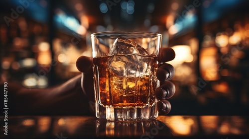 A person is holding a glass of whiskey with ice at a bar