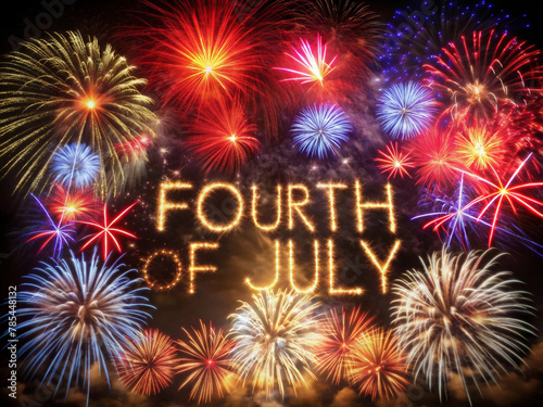A vibrant display of fireworks in various colors light up the sky, with the words "FOURTH OF JULY" 
