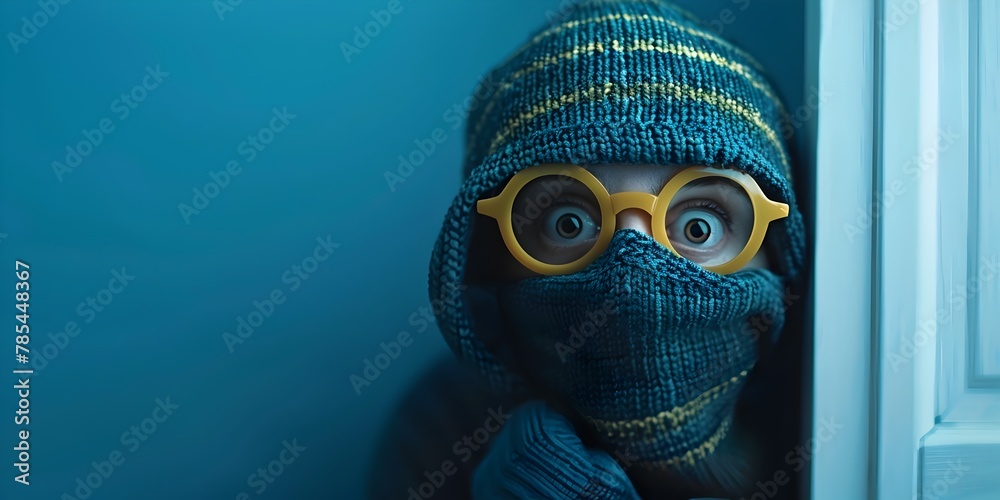 Surprised Masked Burglar Caught Off Guard by Unexpected Event Feeling Shocked and Alarmed in Secretive Clandestine Situation Surprised Masked Burglar Caught Off Guard by Unexpected Event Feeling Shocked and Alarmed in Secretive Clandestine Situation