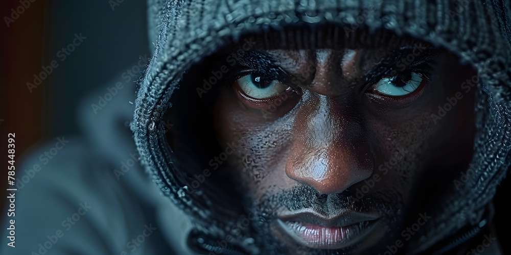 Intense Burglar Furrowing Brow in Deep Focused on Covert with Ominous Atmosphere Intense Burglar Furrowing Brow in Deep Focused on Covert with Ominous Atmosphere