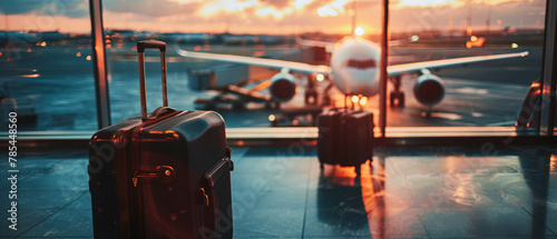Travel mock with suitcase or luggage,accessories, Bags for trip. Blurred airport background and plane. Vacation, travel, adventure tourism leisure concept. Generative ai photo