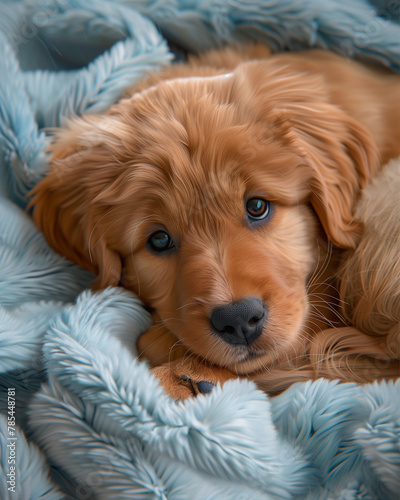 Golden Retriever puppy sleeping on a blue fleece blanket