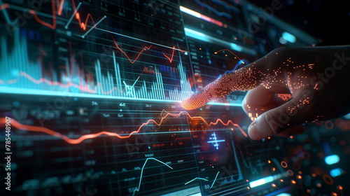 Finger Touching Glowing Graph Lines Symbolizing Data Analysis