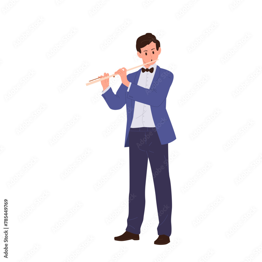 Young man classical musician cartoon character playing flute performing isolated on white background Young man classical musician cartoon character playing flute performing isolated on white background