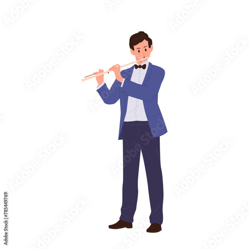Young man classical musician cartoon character playing flute performing isolated on white background