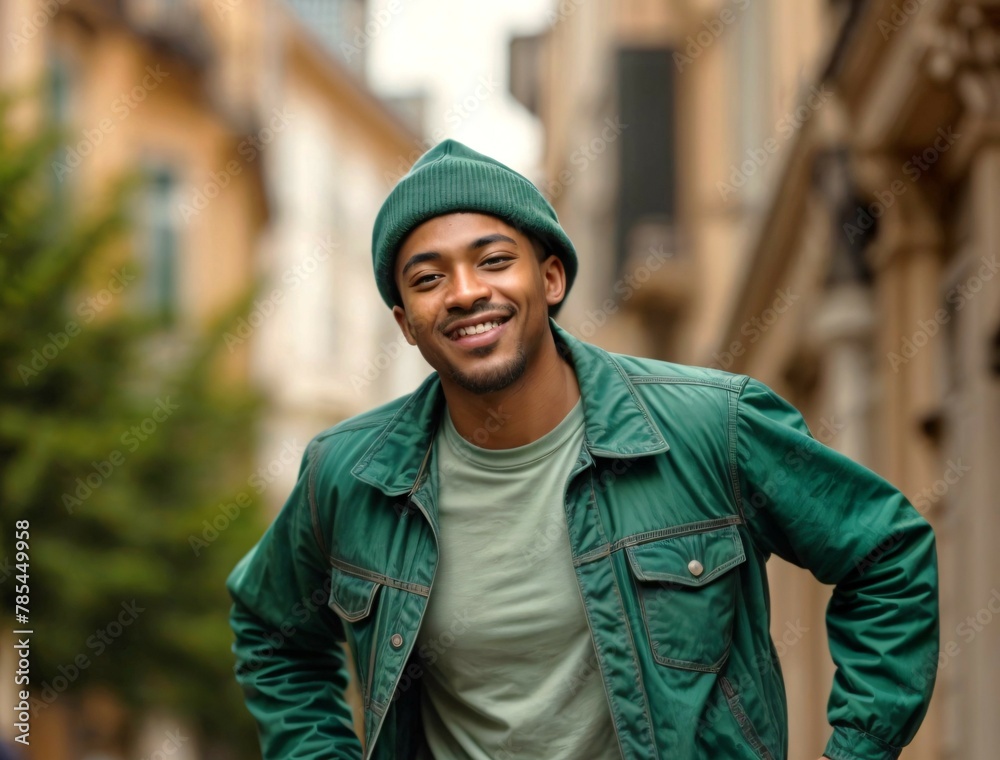 black boy dressed in green walking happily down the street with the city out of focus in the background