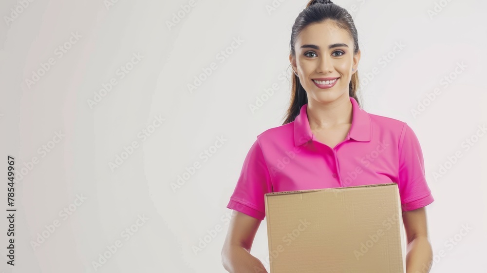 a beautiful woman arabian logistic staff wearing pink shirt horling a big cardboard package, white background a beautiful woman arabian logistic staff wearing pink shirt horling a big cardboard package, white background