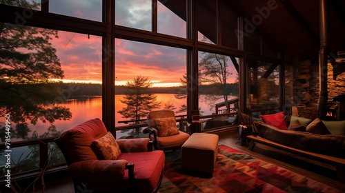 A serene lake reflecting the fiery colors of a sunset sky, with a rustic wood cabin nestled among the vibrant autumn foliage on the shore.