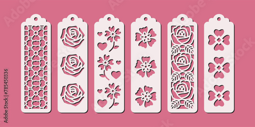 Set of vertical bookmarks with floral pattern. Laser cut template. Decorative bookmark stencil for paper, wood and metal cutting. Vector design with flowers.