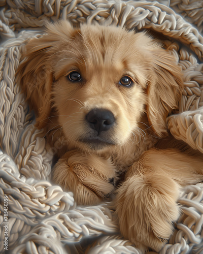 Golden Retriever puppy sleeping on a warm wool blanket © lynea