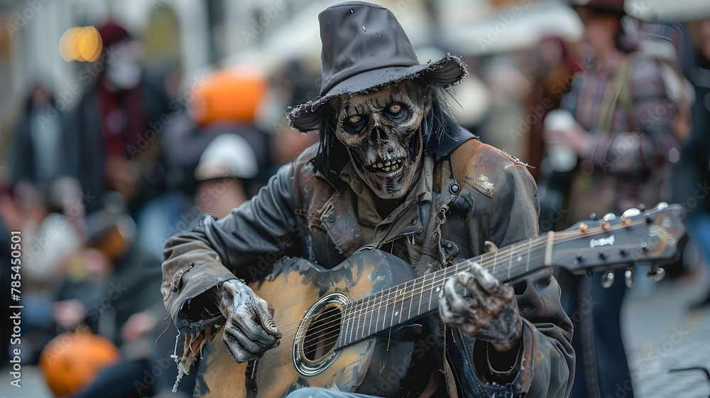Lone Undead Musician Serenades Halloween Revelers with Haunting Guitar Melodies in Spooky Urban Setting