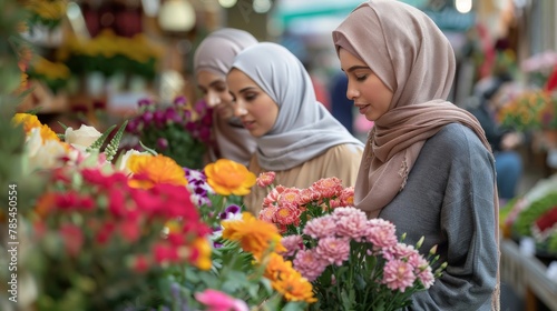 Friends,  all Middle Eastern women wearing hijab,  selecting fresh flowers at a florist photo