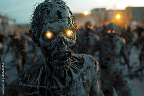Ominous Horde of Undead Zombies Shuffling Through Desolate Urban Landscape at Twilight