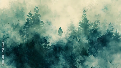 Solitary Warrior s Dreamlike Journey Through the Misty Forest Landscape photo