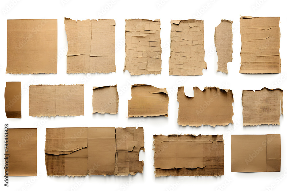 Collection of ripped pieces of corrugated cardboard isolated on white background