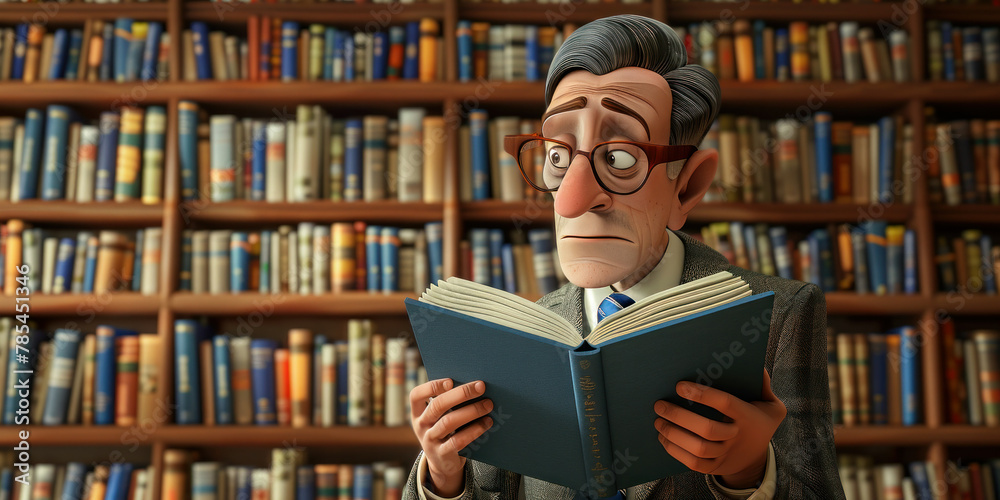 Man engrossed in reading a book surrounded by a vast library of books in animated image