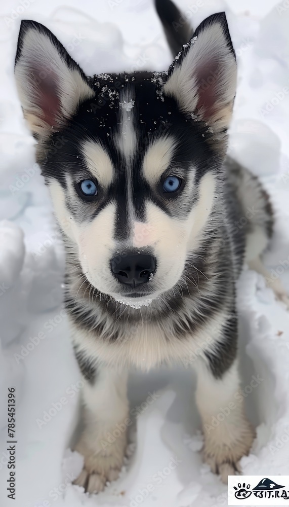 Majestic siberian husky puppy with stunning blue eyes in snowy wilderness adventures