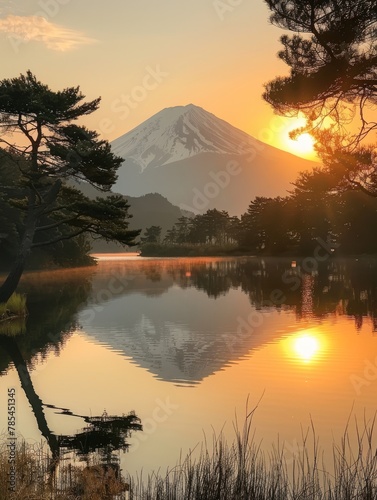 Early morning glow over Lake Kawaguchiko with Mount Fuji's iconic peak.