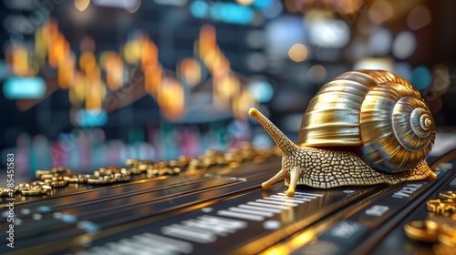 Golden snail slowly climbing a stock chart, Representing slow and steady investment growth photo