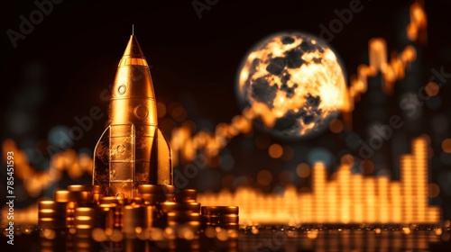 Golden rocket launching towards the moon, Symbolizing the rapid rise of stocks or investments photo