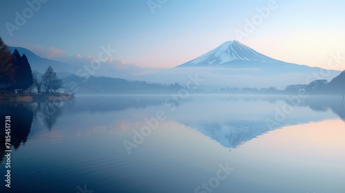 Early morning glow over Lake Kawaguchiko with Mount Fuji's iconic peak. © taelefoto