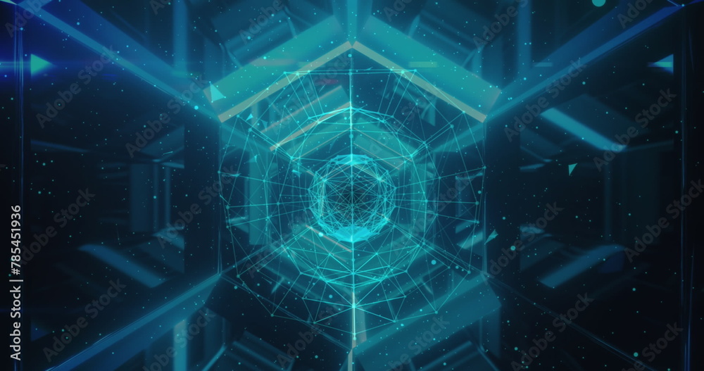 Image of dots and connections over moving hexagon tunnel made of neon lights Image of dots and connections over moving hexagon tunnel made of neon lights