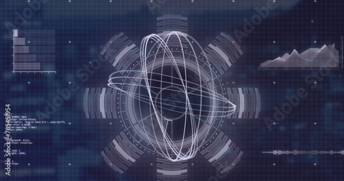 Image of rotating circles and data processing on navy background