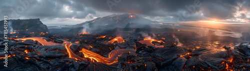 Capture the dynamic contrast between the intense heat and the serene beauty of volcanic landscapes Show the rugged terrain and flowing lava in a wide-angle shot that conveys both power and elegance photo