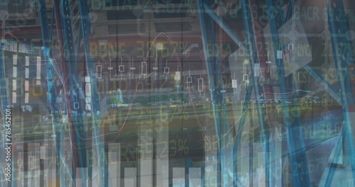 Image of data processing over cityscape and warehouse