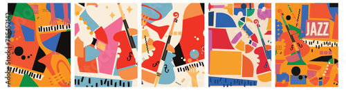 Abstract Music Background, vector illustration. Collage with musical instruments.	 photo