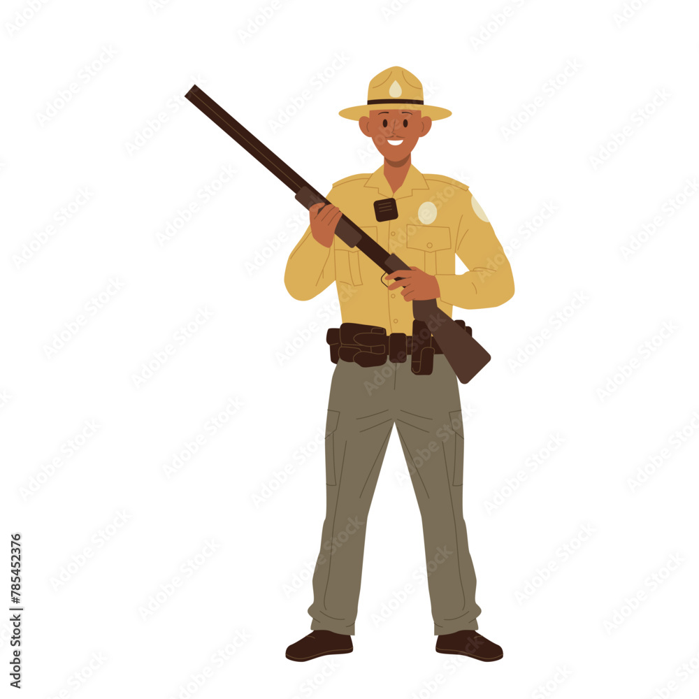 Man forest ranger cartoon character standing with riffle vector illustration isolated on white Man forest ranger cartoon character standing with riffle vector illustration isolated on white