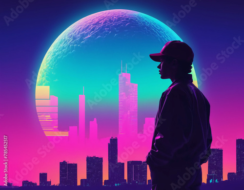 silhouette of a person looking at the city, vaporwave wallpaper