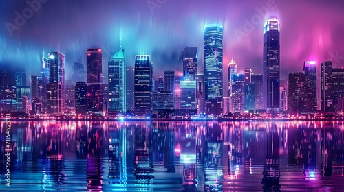 Vibrant cityscape reflection with futuristic skyline and colorful lights © volga
