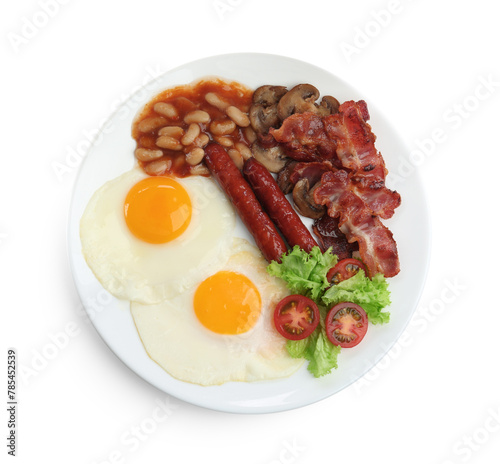 Delicious breakfast with sunny side up eggs isolated on white, top view