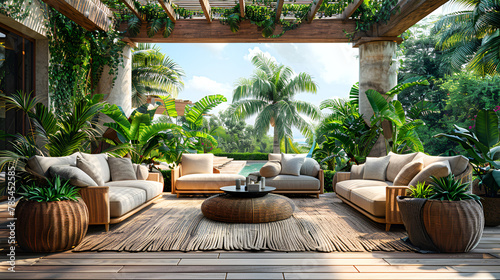 Backyard with Outdoor Furniture - Sofa and Armchairs , Outdoor living roomHD 8K wallpaper Stock Photographic Image 