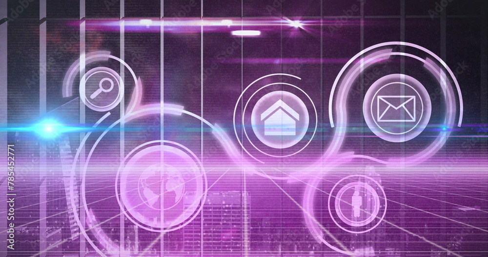 Image of light and icons over digital screen with diverse data Image of light and icons over digital screen with diverse data