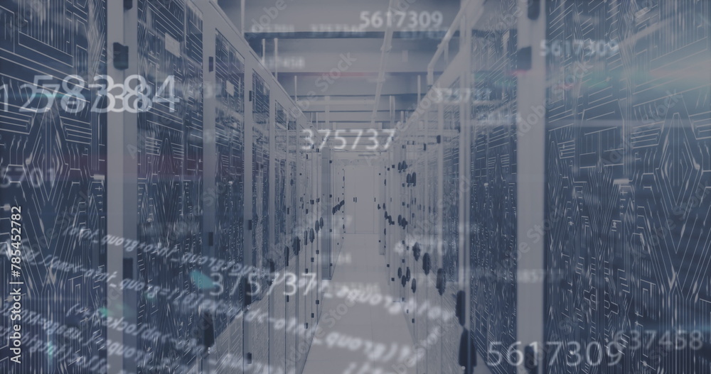 Fototapeta premium Image of numbers, letters and data processing over servers