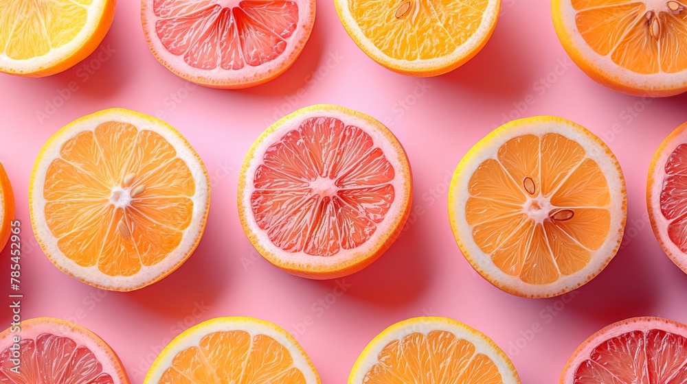 Colorful top view of sliced citrus fruits on a vibrant pink backdrop Colorful top view of sliced citrus fruits on a vibrant pink backdrop