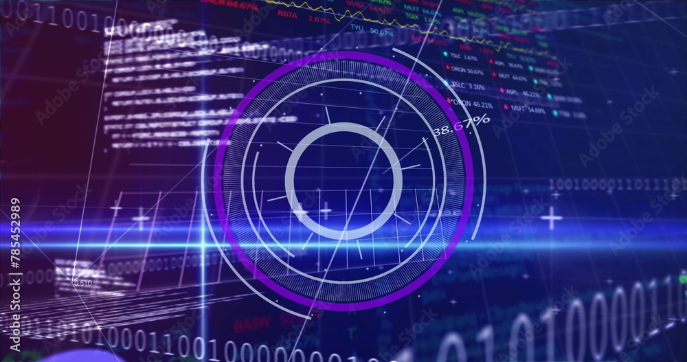 Image of round scanner over stock market data processing and light trail against blue background Image of round scanner over stock market data processing and light trail against blue background