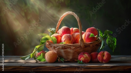 Glowing halo from morning light on ripe peaches in a basket, set on rustic wood table. Peach fuzz color