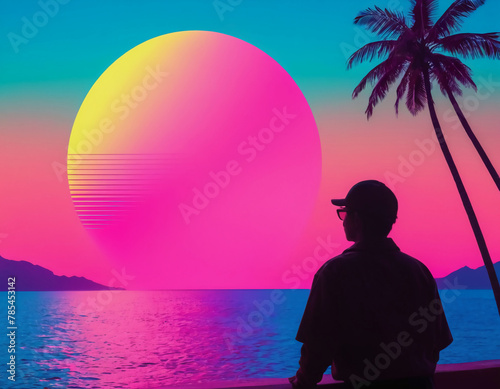 silhouette of a person on the beach, vaporwave wallpaper