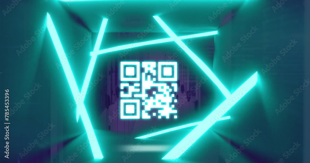 Image of glowing neon and qr code flickering over computer servers Image of glowing neon and qr code flickering over computer servers