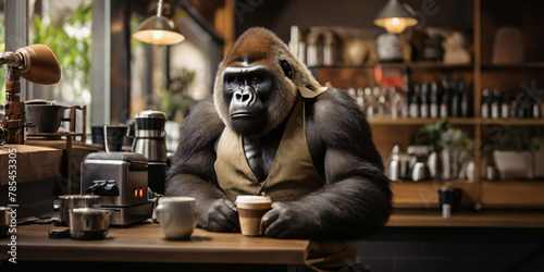 Gorilla working as an employee in a coffee shop photo