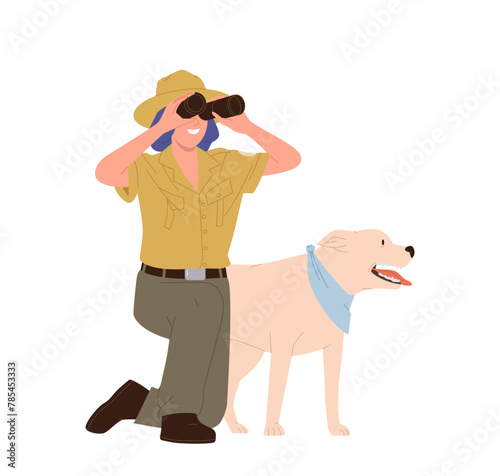Young woman forest ranger cartoon character looking through binocular making observation with dog
