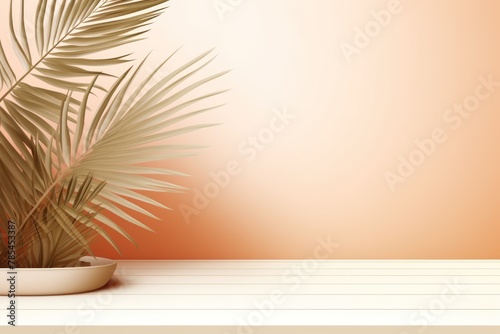 Tan background with palm leaf shadow and white wooden table for product display, summer concept