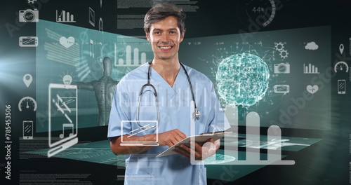 Image of data processing and globe over male doctor using tablet