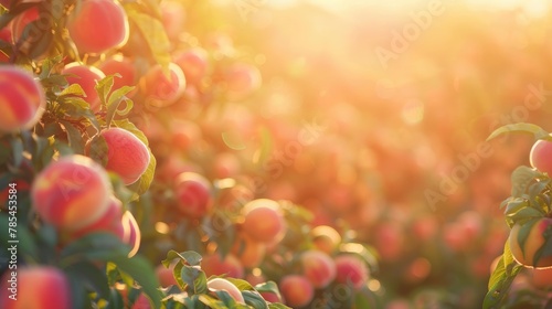 Lush peach orchard glows at sunset, warm light accentuating fuzzy fruit textures. Peach fuzz color