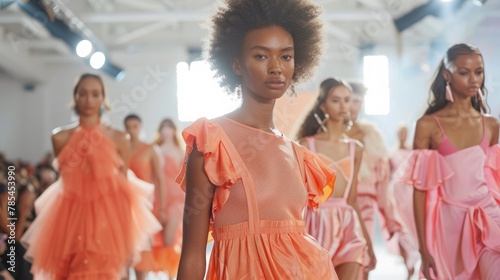 Spring and summer fashion showcased on runway with models adorned in peach fuzz fabrics.