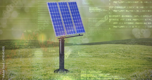 Image of computer data and graph over solar panel and green landscape