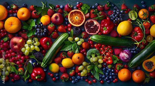Background of vegetables, fruits and berries. Top view of organic plant products for healthy eating. Bright colorful illustration that awakens your appetite. Illustration for cover or interior design. © Prasanth